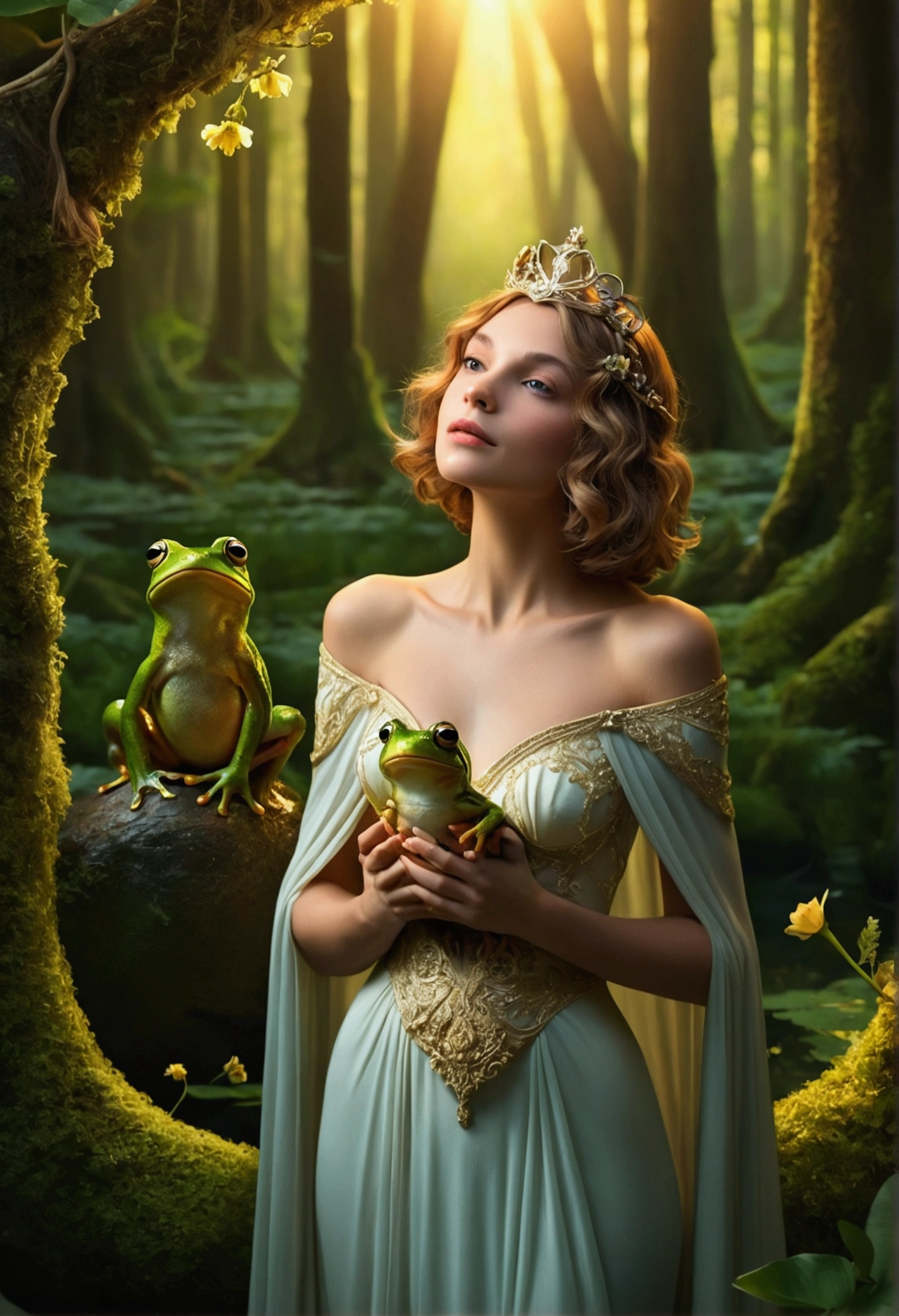 A beautiful woman stands in an enchanted setting, surrounded by a magical forest with tall trees and luminous flowers. she has no clothes,naked,new,undressed,with short hair on her fleshy vulva Her wavy hair falls gently over her shoulders. With a look of hope and tenderness, she delicately holds a frog in her hands and kisses it gently.
Suddenly, a bright light surrounds the frog, and he starts to transform. in a matter of seconds, the frog metamorphoses into a charming prince, tall and elegant, Com cabelos escuros e olhos brilhantes. He's dressed in real clothes, adorned with golden details and a majestic cape. The woman and the prince look at each other with surprise and joy, as the golden light of the sunset illuminates the scene, creating a magical and romantic atmosphere.