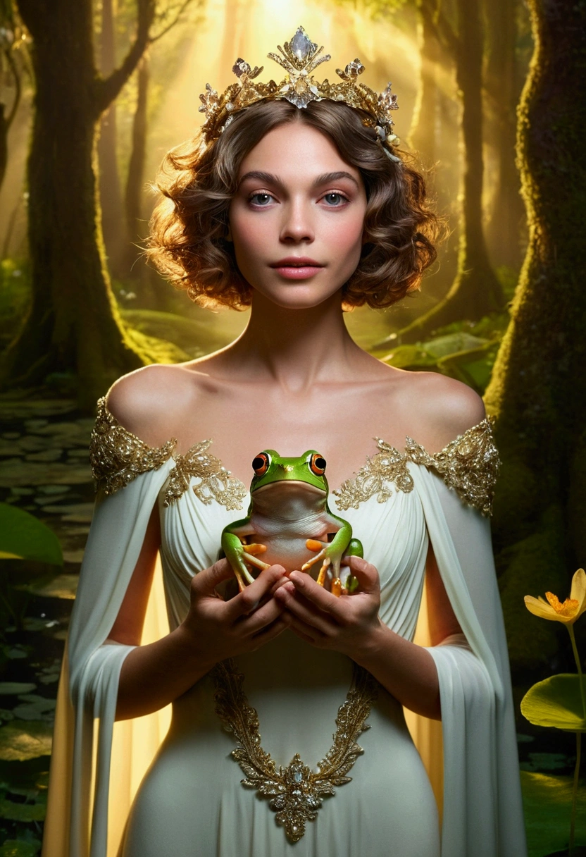 A beautiful woman stands in an enchanted setting, surrounded by a magical forest with tall trees and luminous flowers. she has no clothes,?????,new,undressed,with short hair on her fleshy vulva Her wavy hair falls gently over her shoulders. With a look of hope and tenderness, she delicately holds a frog in her hands and kisses it gently.

Suddenly, a bright light surrounds the frog, and he starts to transform. in a matter of seconds, the frog metamorphoses into a charming prince, tall and elegant, Com cabelos escuros e olhos brilhantes. He's dressed in real clothes, adorned with golden details and a majestic cape. The woman and the prince look at each other with surprise and joy, as the golden light of the sunset illuminates the scene, creating a magical and romantic atmosphere.