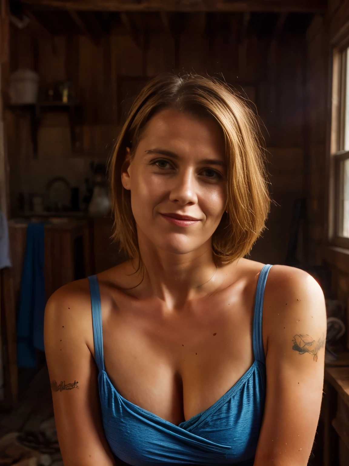 portrait of 1girl, blond woman slightly smiling
(dressed in rags:1.2) in a (shanty shack:1.1) made of wood and sticks, apothecary, (alchemy:1.1), witchdoctor, mystic, decaying, (rundown shack:1.2), (dark room:1.2), shanty shack, (wearing raggedy clothing:1.1), (rag clothes:1.2),
bokeh, f1.4, 40mm, photorealistic, raw, 8k, textured skin, skin pores, intricate details,
