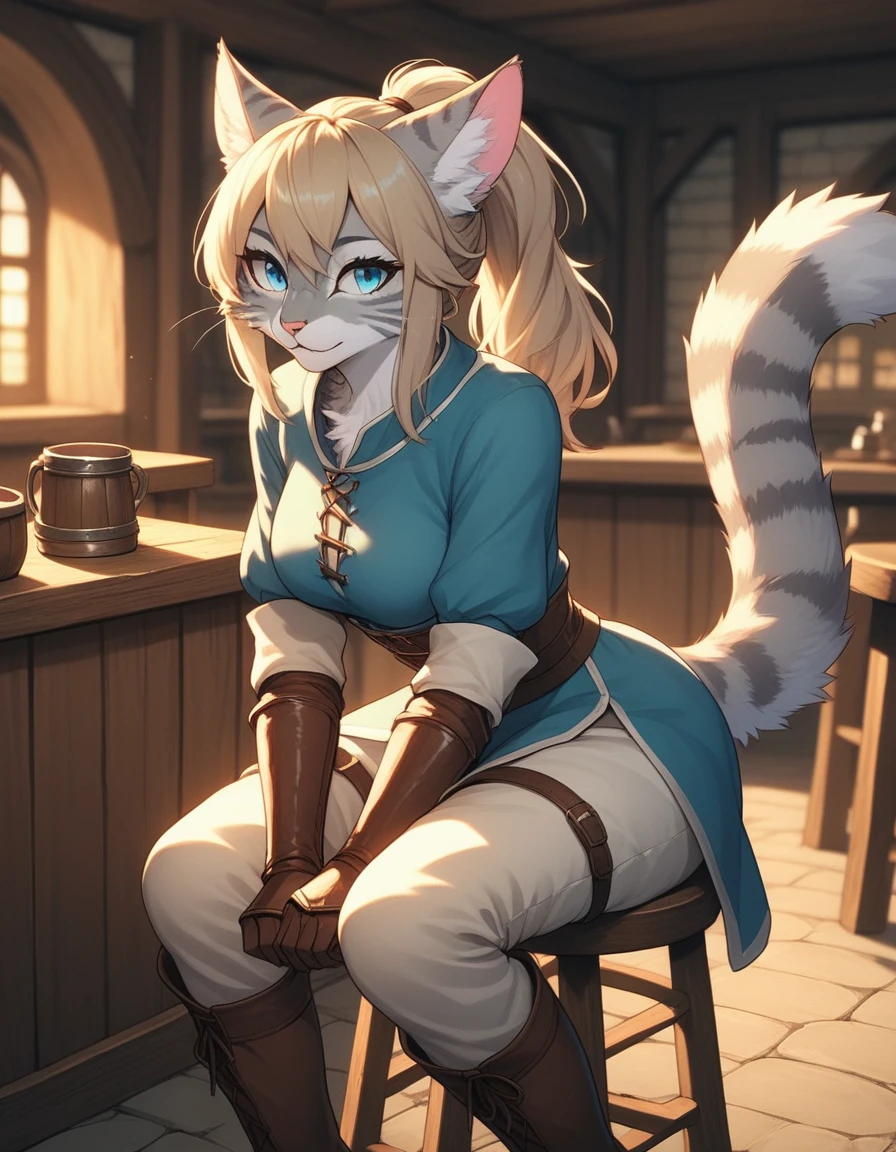 score_9,score_8_up,score_7_up, kemono style, Kat, Anthro furry feline, silver fur, grey stripes on body, blue eyes, blonde hair, hair in ponytail, pink nose, :3, wearing blue medieval tunic, light brown pants, brown boots, belts and adventuring gear, brown gauntlets, sitting on a stool at a tavern, flirtatious expression, indoors