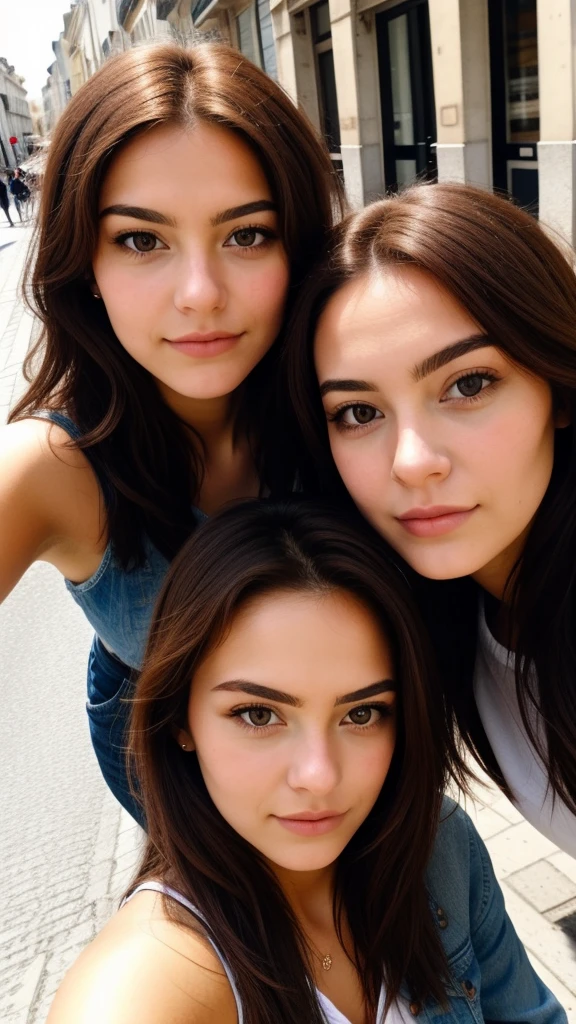 Brune, brune tres belle, belle femme, 20 ans, les main dans les cheveux, selfi dans une rue en ete, selfi photo de tres bonne qualité 