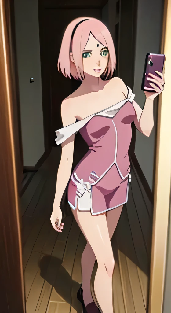 a beautiful girl with small breasts, slender legs, pink hair and green eyes, illuminated, blushing while looking up, taking a selfie, a  next to the girl, ((aerial view))