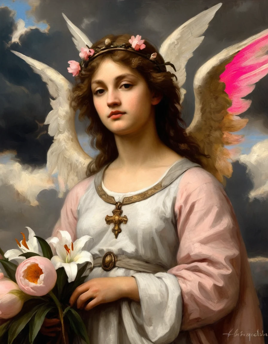 allegory, (teen angel with a wreath of lilies), dark clouds, pink/gray/sepia, Renaissance, graininess, worn canvas, scuff gradient, ((Tiepolo/Fra Angelico/Titian style)),chiaroscuro, oil, acrylic, intricate, extreme detail, complex key, ((single shot)), ((best quality)), ((masterpiece)), ((Pre-Raphaelism)), 8k, impressionism: 0.2 full hd wallpaper