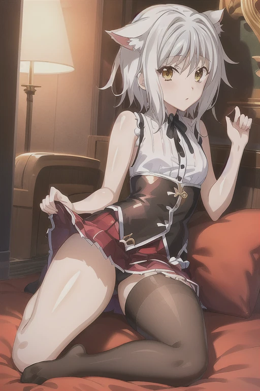 Koneko Toujou (DXD), 1girl, white hair, short hair, konekouniform, , white shirt, skirt, red skirt, black ribbon, black corset, black socks, no shoes, 1girl, clear image:1, (correct anatomy:1.2), (best quality:1.2), best illumination, (best shadow:1.1), highres, (ray tracing:1), reflected light, (high detail clothes:1.3), ((illustration:1.1)), ((masterpiece)), (((best quality))), ((beautiful detailed eyes)), (extremely detailed CG unity 8k wallpaper:1), ((ultra-detailed:1)), colorful, wallpaper, (perfect artwork:1), (beautiful face:1), pure face, (detailed hands, five fingers), beautiful facial features, yellow eyes, open shirt