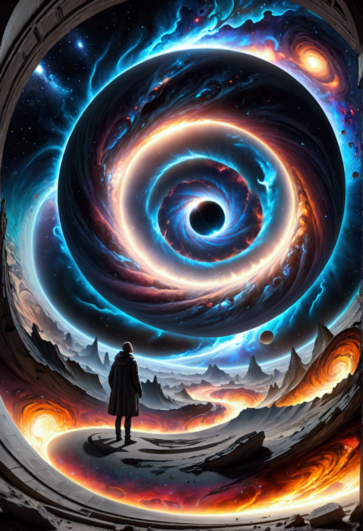 a huge black hole, a swirling galaxy, bright nebulae, Shining stars, deep space, cosmic energy, Dark Matter, ethereal light, space-time distortion, otherworldly atmosphere, (Best Quality,8k,high resolution,Masterpiece:1.2),ultra detailed,(realist,photorealist,photo-realist:1.37),cinematic lighting,dramatic chiaroscuro,changing colors,dull tones,intricate details,epic scale,impressive beauty and an infinite staircase that disappears into the horizon.