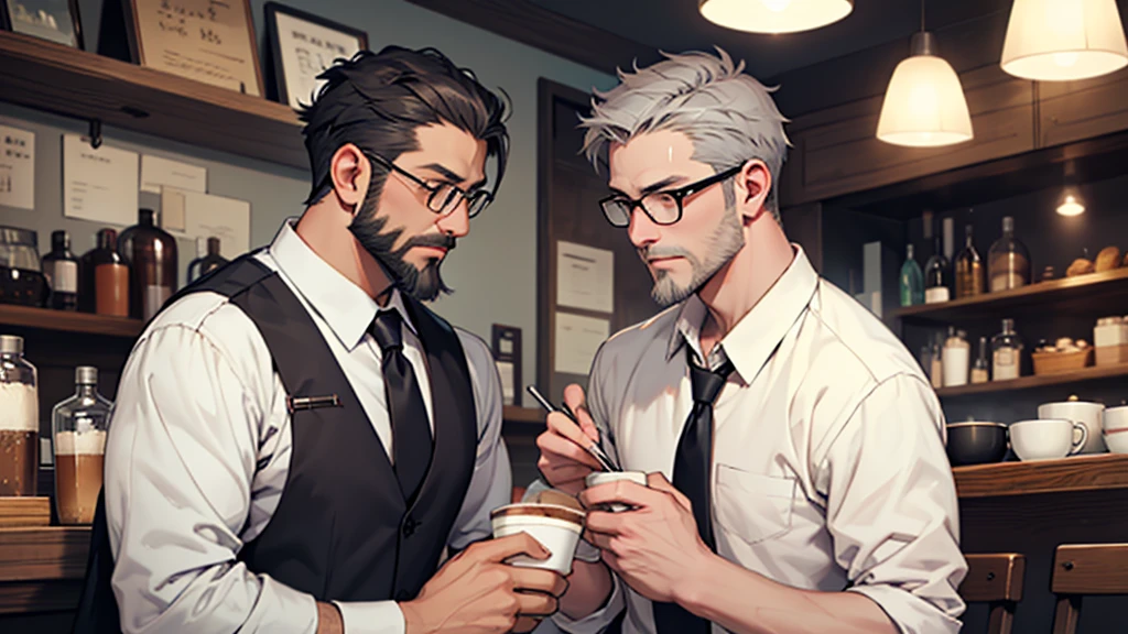 Gray short hair、Glasses、Beard、One person、Master、Cafe、One personでコーヒーを入れる、Best、shirt、tie