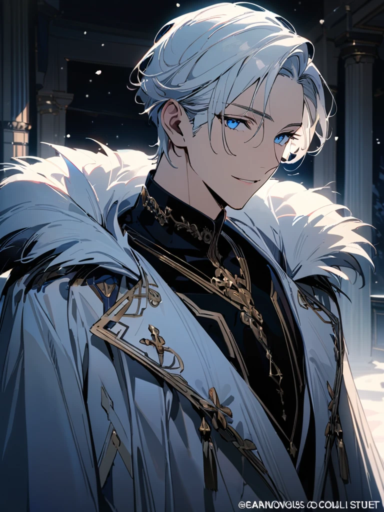 (masterpiece, best quality), Very detailed, best quality, official art, Beautiful and beautiful: 1.2),beautifully,(1 handsome man),copyright,alone,white short hair, (blue eyes), (A gentle yet distant smile),perfect face,white trench coat,Black shirt,Complex clothing designs,High,8K,Beautiful contrast of light and shadow,positive face,pretty face,moiré background,noble,dark ornate background,((white flower)),Gorgeous background,snow,Luxury Suite,Night view