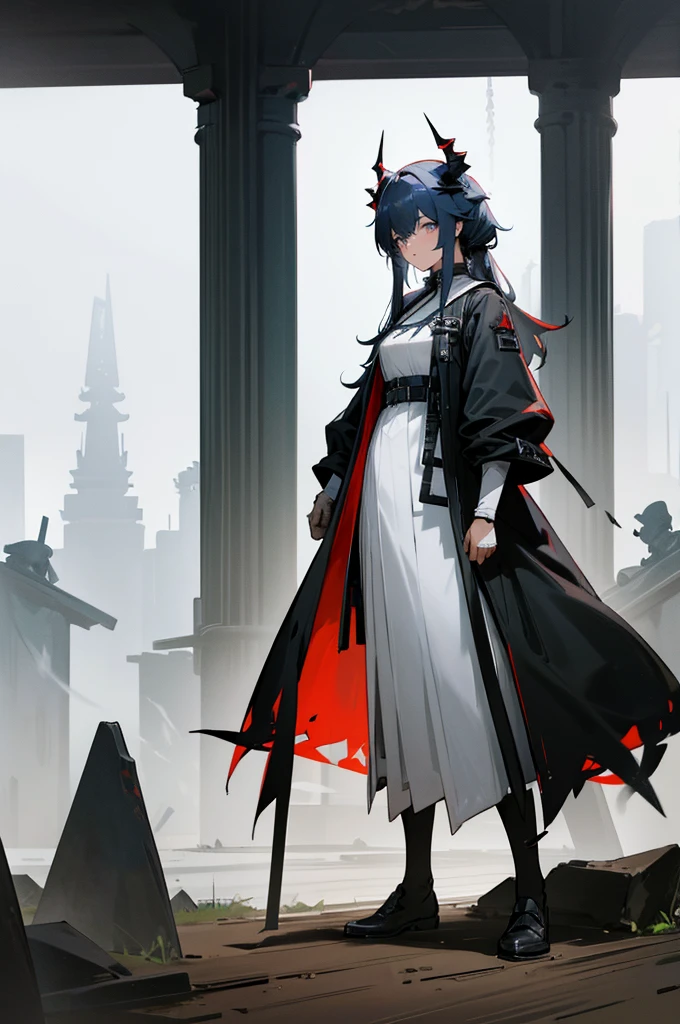Arknights Characters，Sarkaz，Long black horns on the head，Arknights style，Latter-day rough soil，High-tech equipment，Source stone装备，Source stone，Tall girl，a battle man，Look solemn，角色Standing picture，Standing picture，detail，人物Standing picture，whole body，Standing picture，detail，Face clarity，Combat attire，Tall and tall，Royal sister