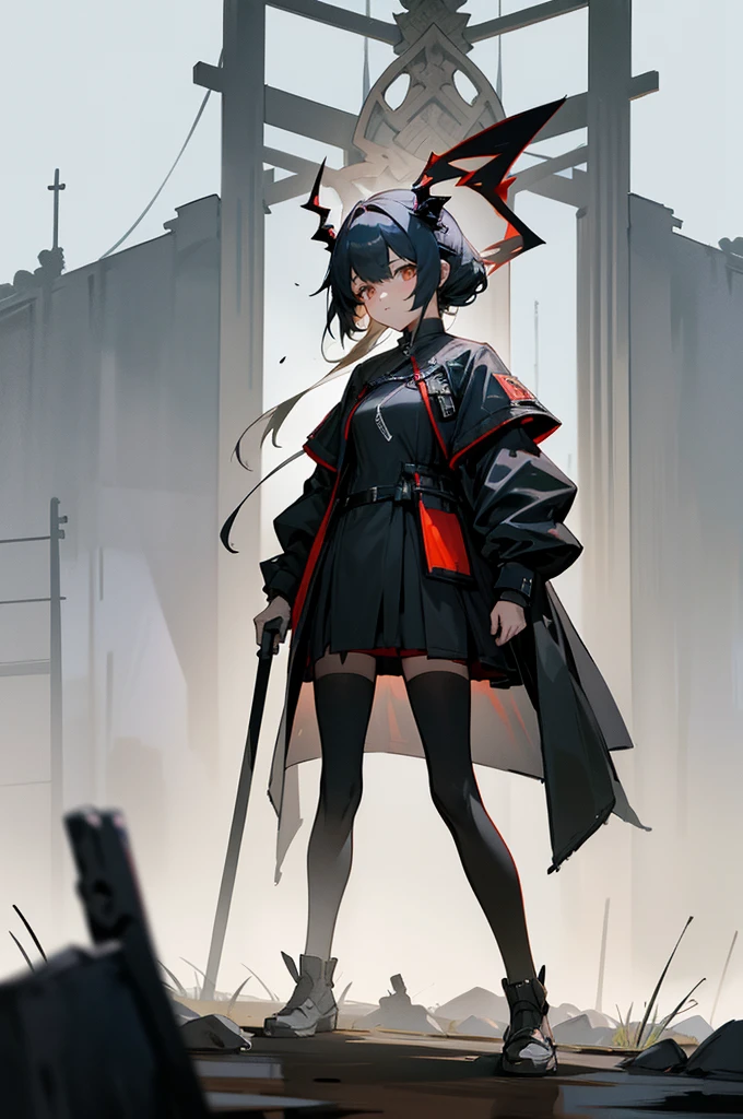 Arknights Characters,Sarkaz,Long black horns on the head,Arknights style,Latter-day rough soil,High-tech equipment,Source stone装备,Source stone,Tall girl,a battle man,Look solemn,角色Standing picture,Standing picture,detail,人物Standing picture,whole body,Standing picture,detail,Face clarity,Combat attire,Tall and tall,Royal sister