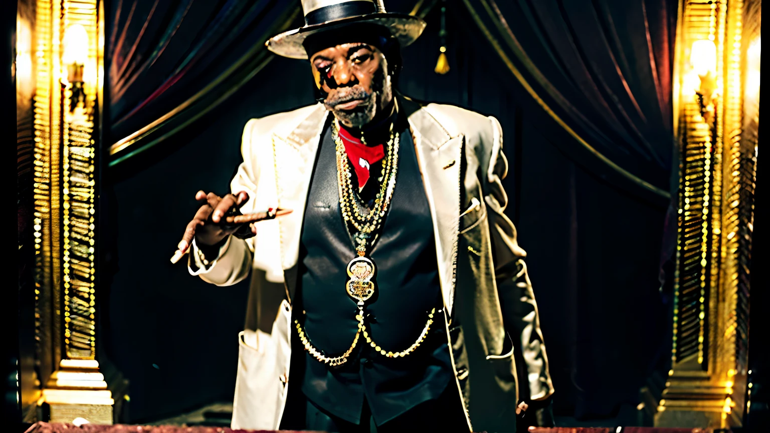 ((melhor qualidade)), ((Obra de arte)), (Estética Cinematográfica:1.4) create an image of a black Angolan black wizard master practicing voodoo the character wears exquisite clothing such as a burgundy suit well lined with ankle boots, top hat, rings, necklaces and mystical talisman of African origin, holding a skull in his hand and invoking spirits, the character must he has a cigar in his mouth, the background of the image contains a mausoleum with dead people rising from their tubas answering the call of their masters, the image must be in the HQ style with very rich details, full body and in different poses.