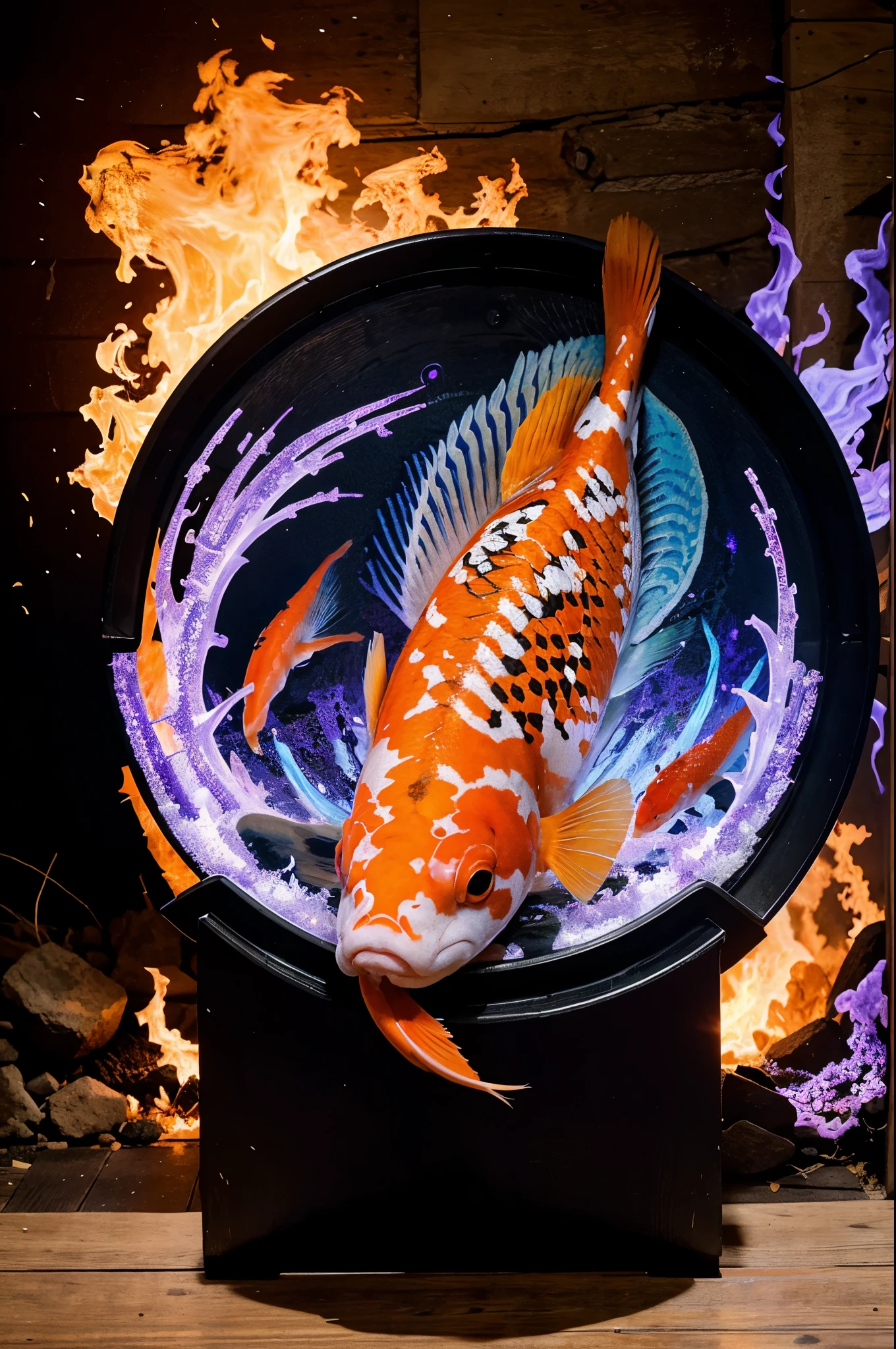 Koi fish themed logo surrounded by detailed purple fire and the fish being the protagonist of the image with the title NIXOYORI 