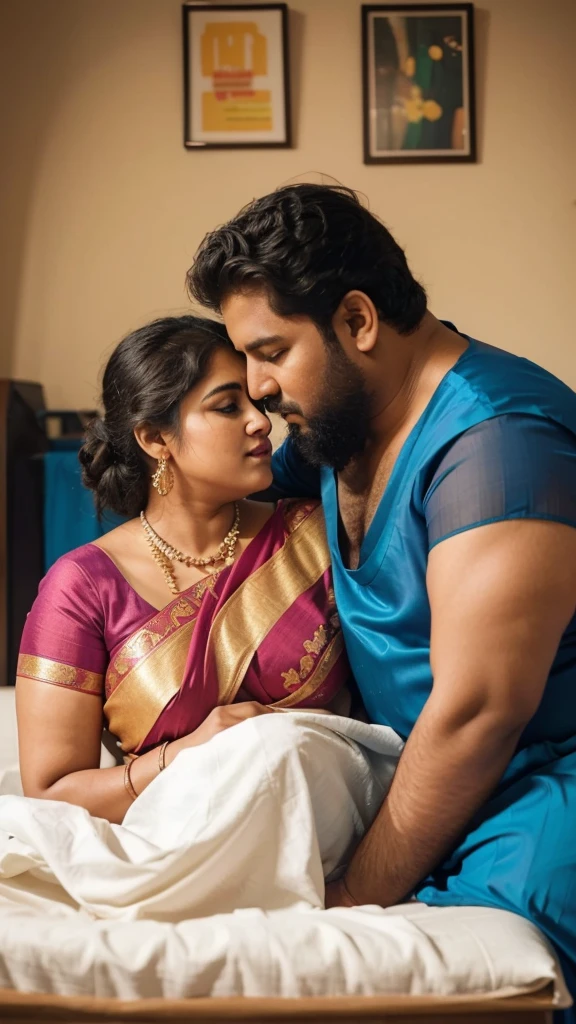 a  50-year-old shirtless man  affectionately hugging and kissing aradiant, full-figured South Indian plus-sized 30 year old teacher wearing a blue silky saree in  dressing room, captured in a full-body image with vibrant hues and meticulous details. Full body image