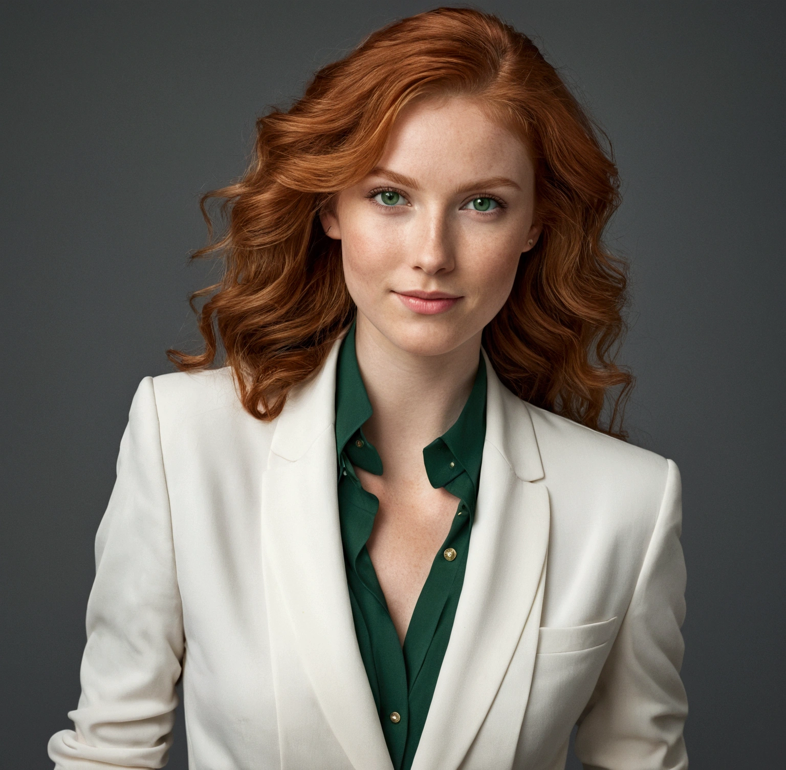Please create a realistic image of a young woman with redhead hair and intense green eyes. She exudes a presence that combines elegance and charisma. Her facial expression is serene, conveying confidence and a gentle welcoming smile. Her hair is loose, with soft waves cascading naturally over her shoulders. She is dressed in an elegant blazer in neutral tones and a simple white blouse, adding a touch of sophistication to her style. The background of the image is neutral to highlight her figure. Soft lighting highlights her delicate facial features and the green eyes that capture light intensely and captivatingly.