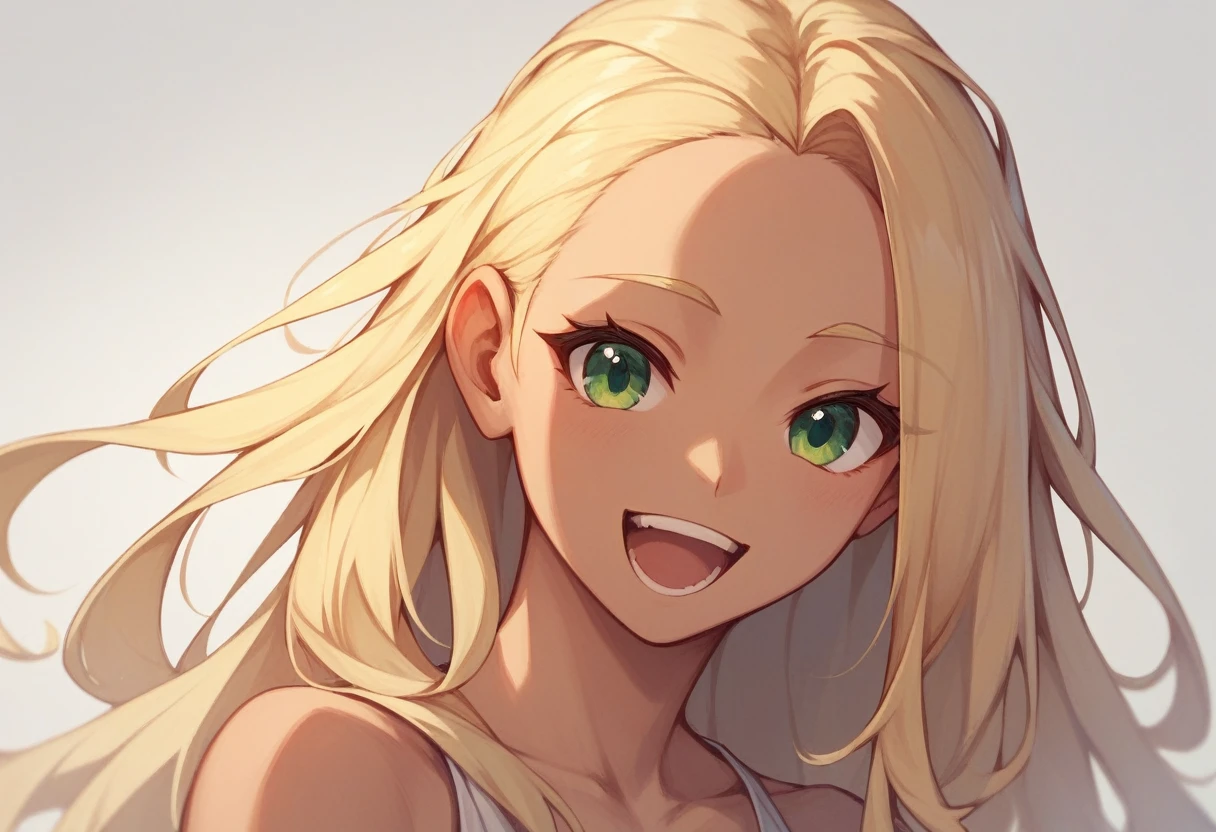16-year-old girl, slightly tanned, 168cm tall, blonde, with long hair and bare forehead, warm green eyes, quite outgoing and very happy, playing video games. 