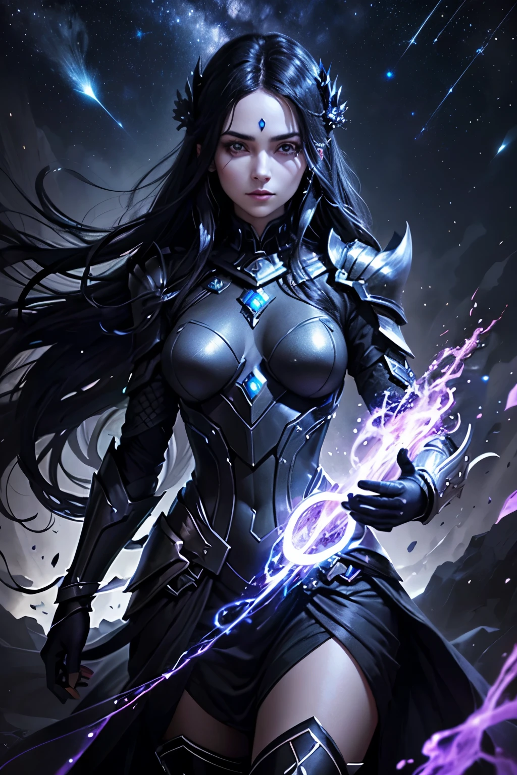Noxira, the Goddess of the Void, is captured in stunning close-up. His dominant face is framed by night-black hair., that seem to flow like living shadows around her. Seus olhos profundos, no visible irises, shine with a darkness that seems to consume the very light around them. Her pale skin reflects an aura of mystery and power, standing out against a stellar background. The black armor she wears is decorated with subtle patterns of shooting stars and nebulas., symbolizing your connection to the vast cosmos. Noxira's expression is enigmatic, conveying relentless determination and a deep knowledge of the secrets of the universe.