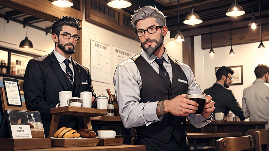 Gray short hair、Glasses、Beard、One person、Master、Cafe、One personでコーヒーを入れる、Best、shirt、tie、One personの男
