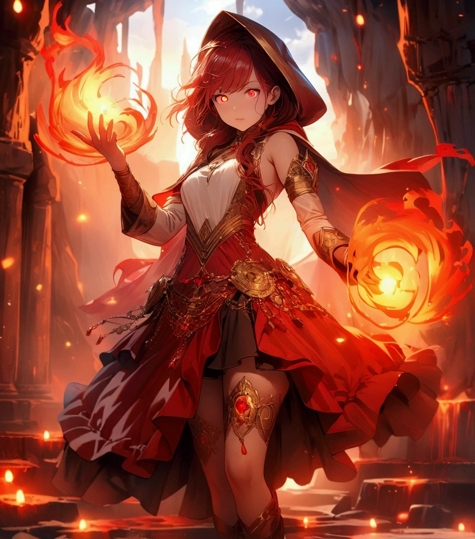 Female (mage, age of 30, long hair, red hair, floating hair, fiery colored eyes, red and gold robes, tanned skin, intense face, glowing eyes) is casting a spell), (flames are swirling around), beautiful volcanic landscape, molten lava flowing, summery hot air shimmering, (embers floating in the air, creating a warm glow), the noonday sun in the sky, male is at a volcanic crater, BREAK, Quality (4k, wallpaper of extremely detailed CG unit, masterpiece, high resolution, top-quality, top-quality real texture skin, hyper-realistic, increase the resolution, RAW photos, best quality, highly detailed, the wallpaper, cinematic lighting, ray trace, golden ratio.), BREAK, Shot(Long shot, wide shot.)