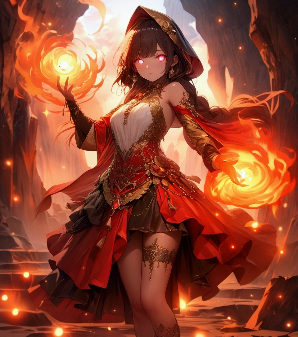 Female (mage, age of 30, long hair, red hair, floating hair, fiery colored eyes, red and gold robes, tanned skin, intense face, glowing eyes) is casting a spell), (flames are swirling around), beautiful volcanic landscape, molten lava flowing, summery hot air shimmering, (embers floating in the air, creating a warm glow), the noonday sun in the sky, male is at a volcanic crater, BREAK, Quality (4k, wallpaper of extremely detailed CG unit, masterpiece, high resolution, top-quality, top-quality real texture skin, hyper-realistic, increase the resolution, RAW photos, best quality, highly detailed, the wallpaper, cinematic lighting, ray trace, golden ratio.), BREAK, Shot(Long shot, wide shot.)