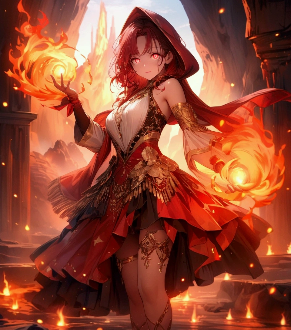 Female (mage, age of 30, long hair, red hair, floating hair, fiery colored eyes, red and gold robes, tanned skin, intense face, glowing eyes) is casting a spell), (flames are swirling around), beautiful volcanic landscape, molten lava flowing, summery hot air shimmering, (embers floating in the air, creating a warm glow), the noonday sun in the sky, male is at a volcanic crater, BREAK, Quality (4k, wallpaper of extremely detailed CG unit, masterpiece, high resolution, top-quality, top-quality real texture skin, hyper-realistic, increase the resolution, RAW photos, best quality, highly detailed, the wallpaper, cinematic lighting, ray trace, golden ratio.), BREAK, Shot(Long shot, wide shot.)