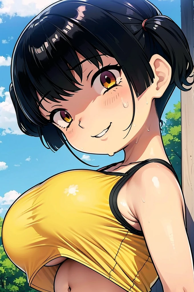 Sasaki Kanna who plays gesugao, Yellow Tank Top, underboob, Sweat, Black hair twin tails, Big Breasts, Smile, Naughty smile, A foolish smile, Drooling, Sweaty big tits, Sweat dripping from the lower breast, A triumphant smile, Guess face, Looking down on me, 