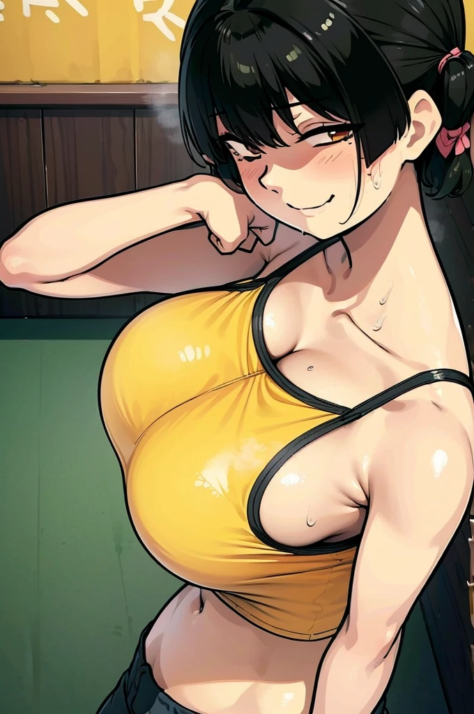 Sasaki Kanna who plays gesugao, Yellow Tank Top, underboob, Sweat, Black hair twin tails, Big Breasts, Smile, Naughty smile, A foolish smile, Drooling, Sweaty big tits, Sweat dripping from the lower breast, A triumphant smile, Guess face, Looking down on me, Primary school students