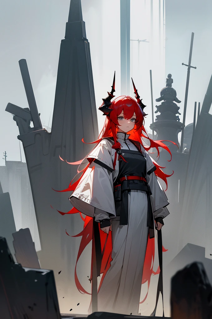 Arknights Characters,Sarkaz,Long black horns on the head,Arknights style,Latter-day rough soil,High-tech equipment,Source stone装备,Source stone,Tall girl,a battle man,Look solemn,角色Standing picture,Standing picture,detail,人物Standing picture,whole body,Standing picture,detail,Face clarity,Combat attire,Tall and tall,Royal sister,Red Hair,White highlights,Red and white hair