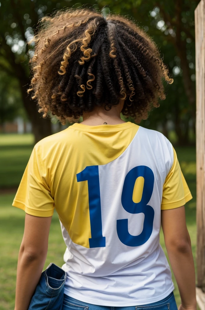 Woman with curly hair from behind wearing a Colombia t-shirt with the name Olga and the number 10