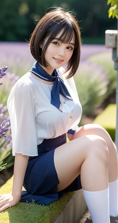 cute smiling girl in a lavender field, detailed eyes, lips, and face, 1 girl, realistic, 8k, high resolution, very large breasts, natural color lips, cute smile, beautiful and elegant japanese woman, 20 years old, balanced big eyes, brunette eyes, beautiful thin nose, beautiful skin, medium bob hair with natural bangs, slim face and figure, looking at viewer, wearing white short-sleeved translucent blouse, navy pleated micro miniskirt, knee-high socks, red sailor scarf, high-angle composition, staring at camera with sweet smile, bright professional lighting, beautiful detailed feet, smooth slim body and thighs, sitting on lavender blooming hill