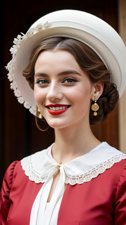Daisy Edgar-Jones dressed in traditional Yugoslavian clothing with painted lips and smiling