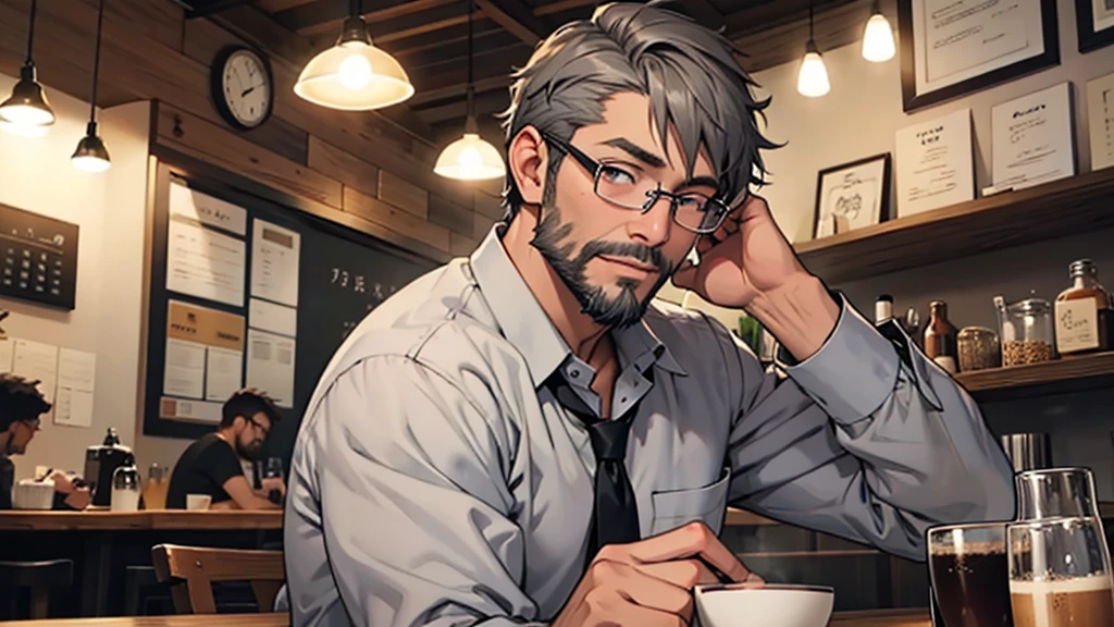 Gray short hair、Glasses、Beard、One person、Master、Cafe、One personでコーヒーを入れる、Best、shirt、tie、One personの男