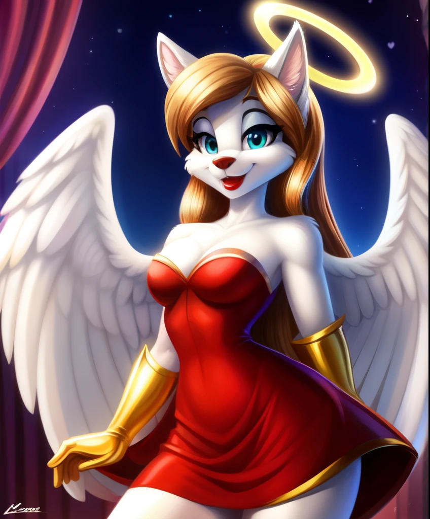 Female anthro husky as an guardian angel, long hair, halo, white soft feathered wings, red lipstick, white and gold long gloves, red heart shaped strapless dress, tiny toons style