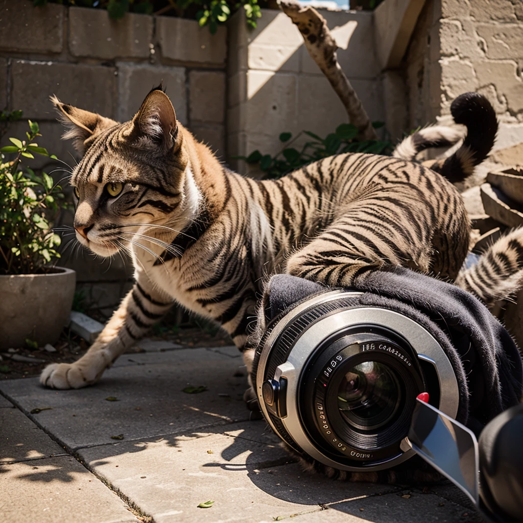 The feline puma dressed as a professional photographer