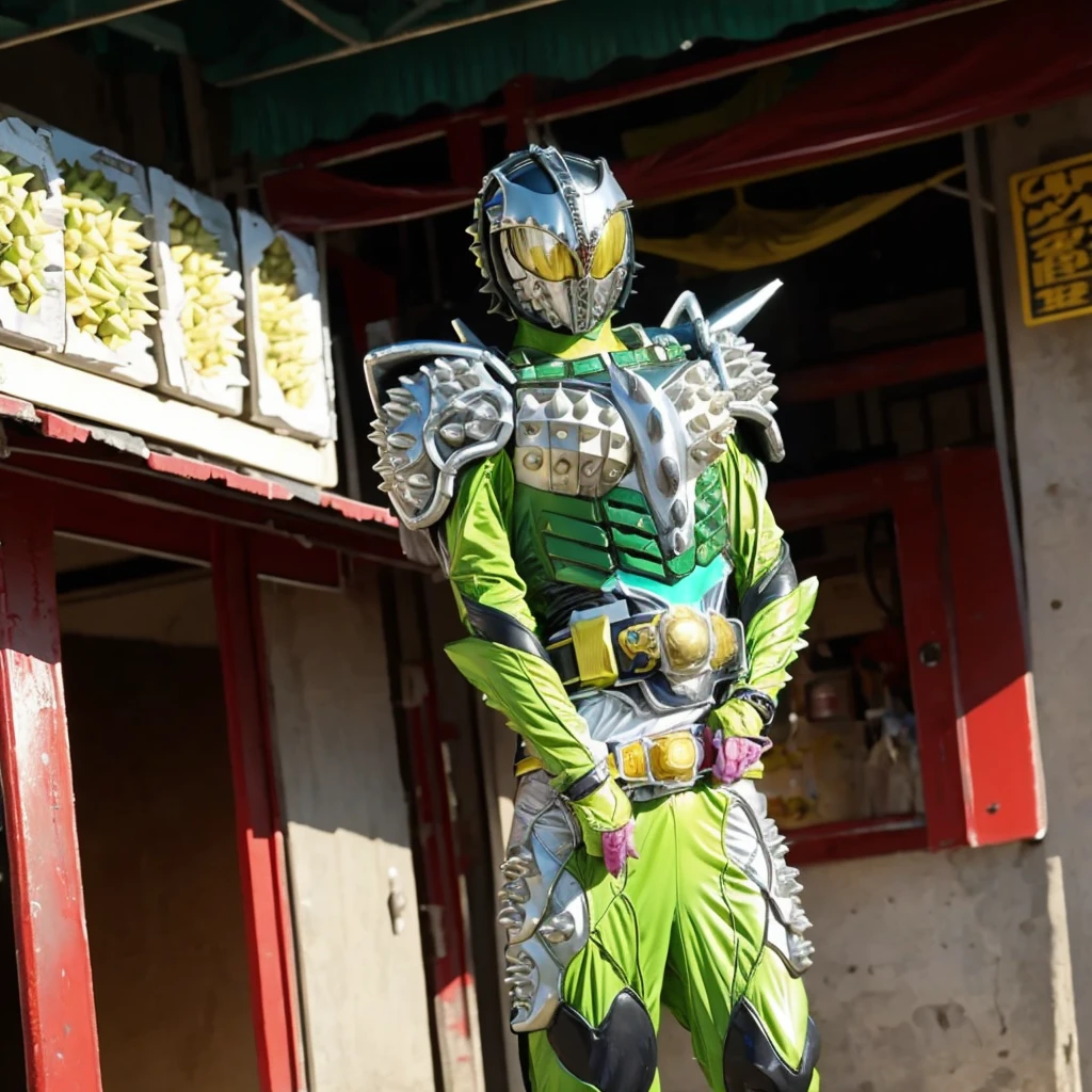 Kamen rider. Street bikes outfit. Kamen rider concept . At Chinese market . Sell a bunch lot of durian fruit.. kamen rider sell a durian. Open stall durian. Sell a durian fruit.