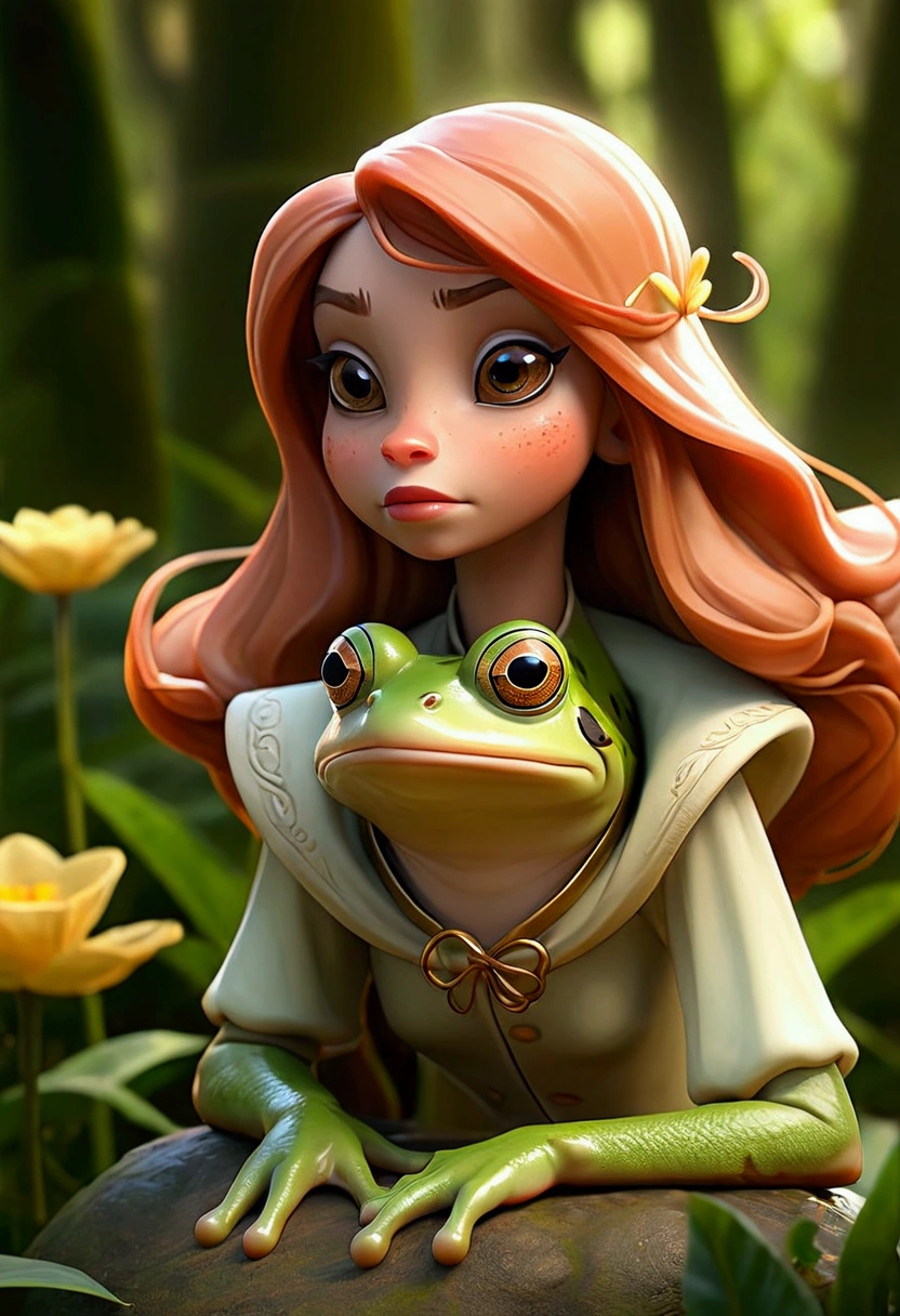 A beautiful woman stands in an enchanted setting, surrounded by a magical forest with tall trees and luminous flowers. She's not wearing anything,is naked,naked,very horny,wet. Her wavy hair falls softly over her shoulders.. With a look of hope and tenderness, she delicately holds a frog in her hands and kisses it gently.
Suddenly, a bright light surrounds the frog, and he starts to transform. in a matter of seconds, the frog metamorphoses into a charming prince, tall and elegant, Com cabelos escuros e olhos brilhantes. He's dressed in real clothes, adorned with golden details and a majestic cape. The woman and the prince look at each other with surprise and joy, as the golden light of the sunset illuminates the scene, creating a magical and romantic atmosphere.