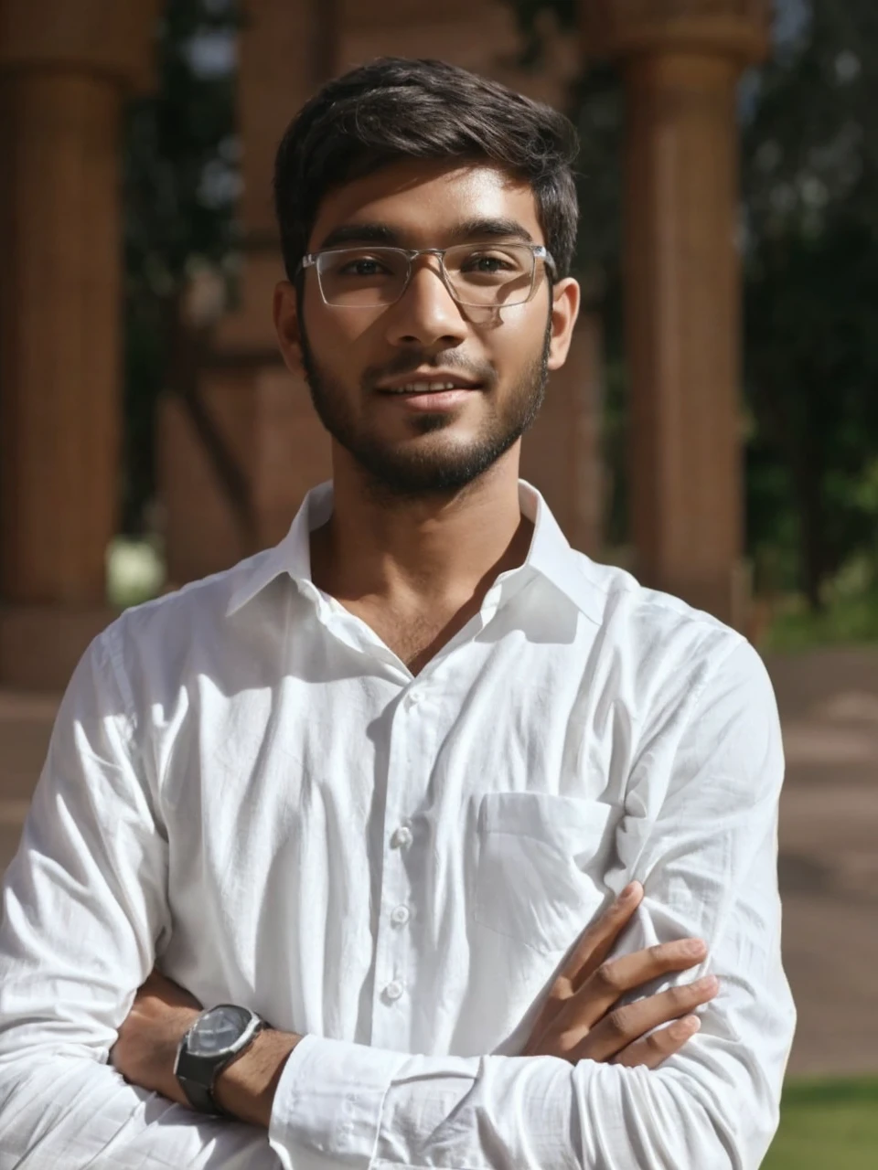 Generate an AI realistic half body image of a handsome guy in white shirt, with slim body, and age is in 20s