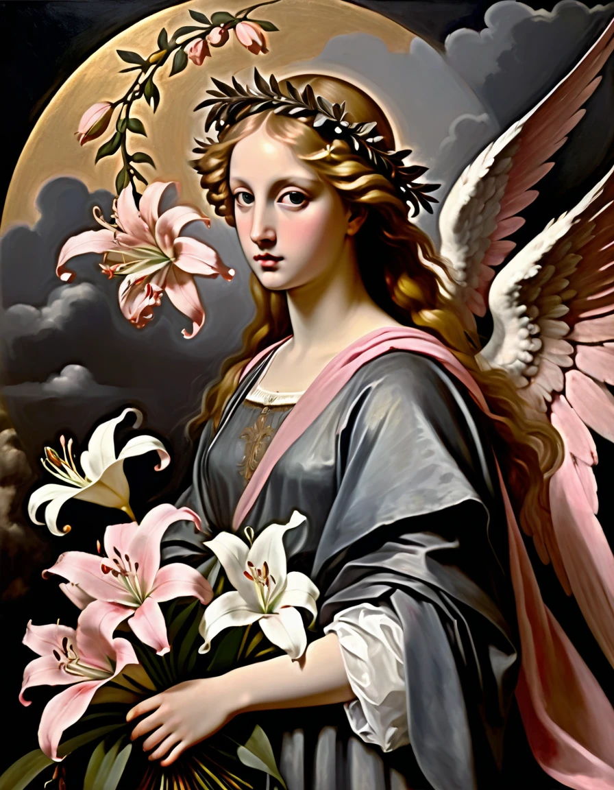 allegory, (teen angel with a wreath of lilies), dark clouds, pink/gray/sepia, Renaissance, graininess, worn canvas, scuff gradient, ((Tiepolo/Fra Angelico/Titian style)),chiaroscuro, oil, acrylic, intricate, extreme detail, complex key, ((single shot)), ((best quality)), ((masterpiece)), ((Pre-Raphaelism)), 8k, impressionism: 0.2 full hd wallpaper