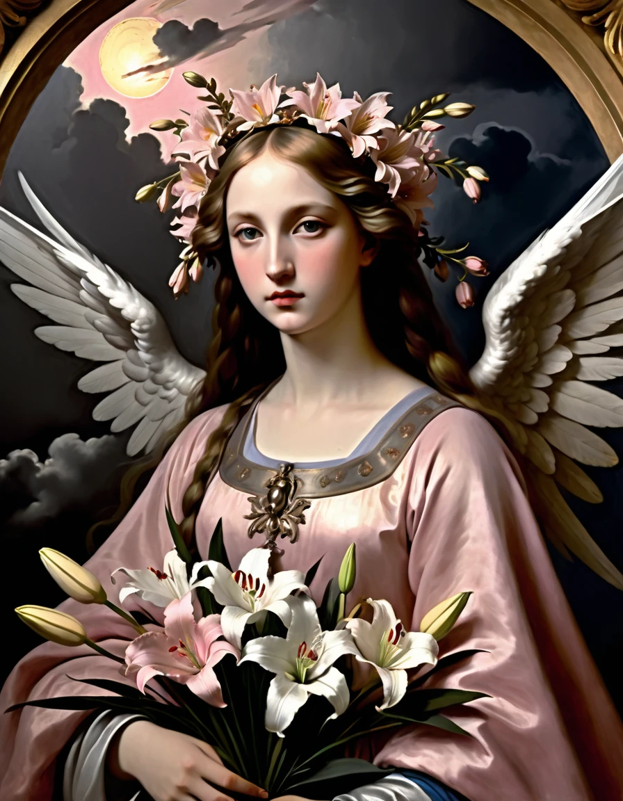 allegory, (teen angel with a wreath of lilies), dark clouds, pink/gray/sepia, Renaissance, graininess, worn canvas, scuff gradient, ((Tiepolo/Fra Angelico/Titian style)),chiaroscuro, oil, acrylic, intricate, extreme detail, complex key, ((single shot)), ((best quality)), ((masterpiece)), ((Pre-Raphaelism)), 8k, impressionism: 0.2 full hd wallpaper