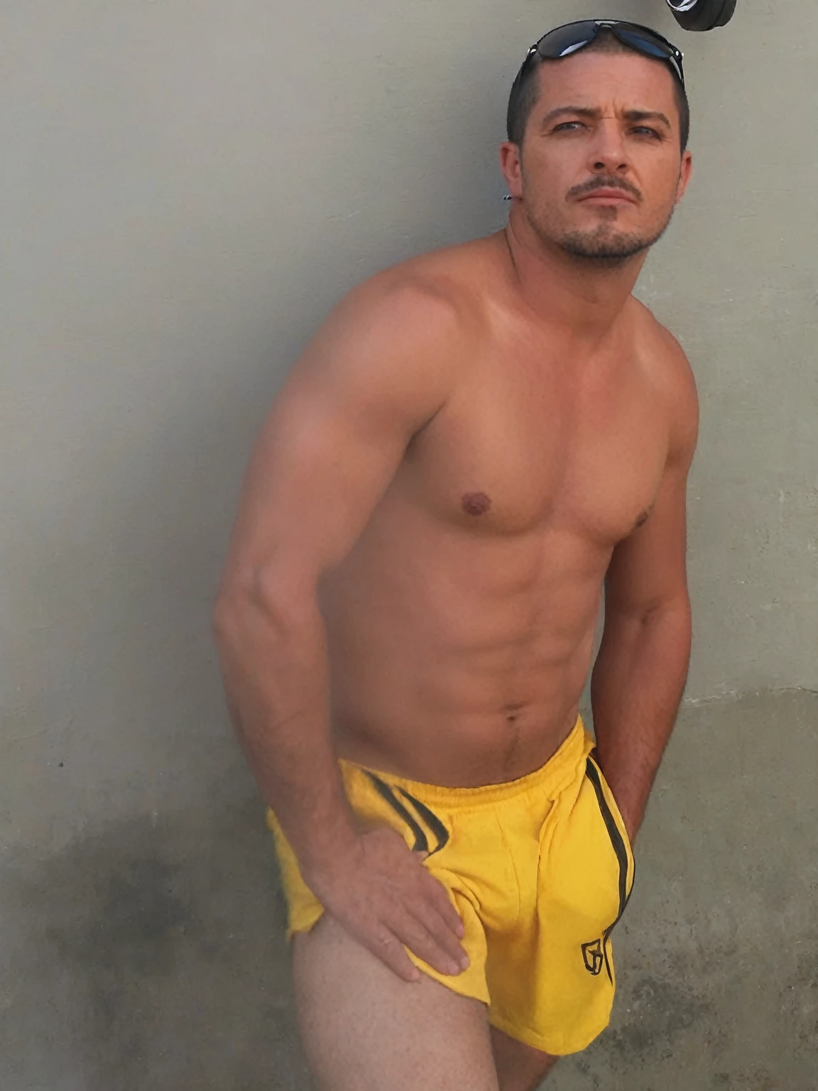 "(best qualityer,realisitic:1.37),portrait of a 35 year old person, dark-haired man, Buzz Cut, intense gaze,detailedeyes,eyes browns,Detailed lips,strong facial features,fine wrinkles,natural lighting,strong chin,determining expression,subtle stubble,neutral background,bright coloured"