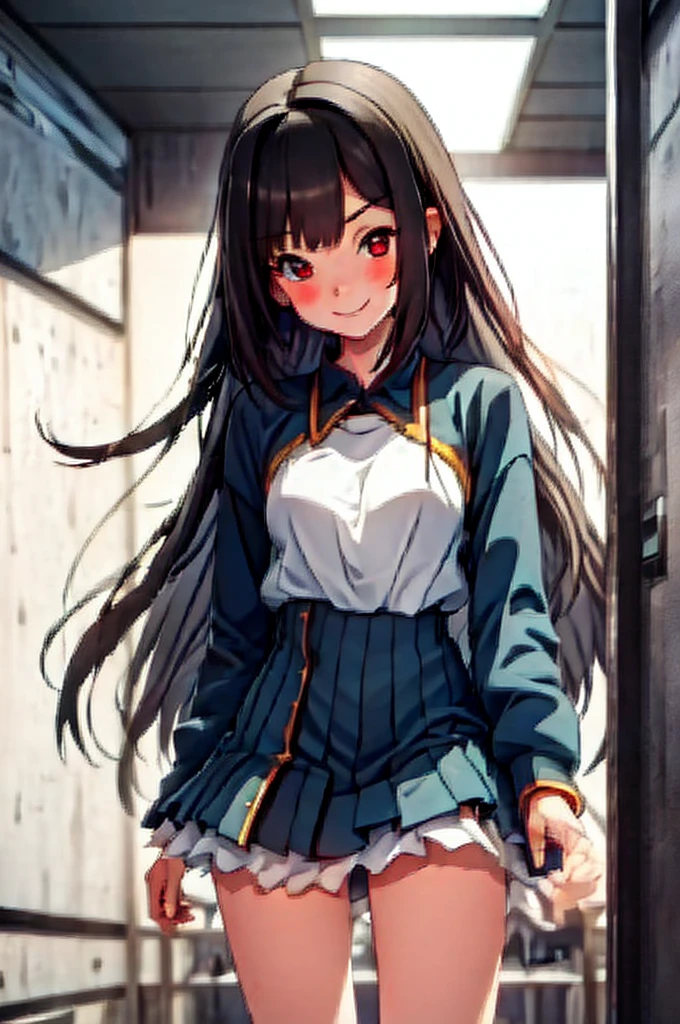 ''Girl standing in the main door of the viewer, looking at the viewer, dwarf girl smiling somewhat blushing, with freckles, red eyes and long black hair, white top t-shirt, with a short black skirt that makes see her black panties, black thighs, with a black and red bracelet, slender body, with medium breasts and medium ass, large thighs, and very attractive physical appearance, nsfw.''