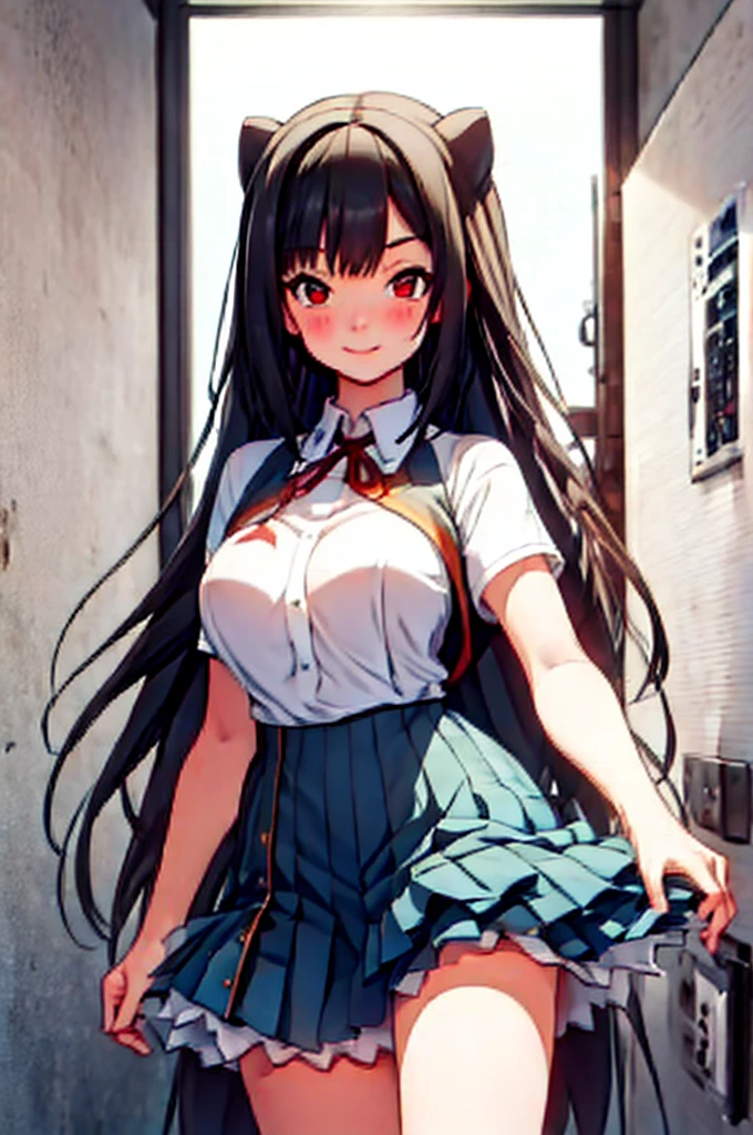 ''Girl standing in the main door of the viewer, looking at the viewer, dwarf girl smiling somewhat blushing, with freckles, red eyes and long black hair, white top t-shirt, with a short black skirt that makes see her black panties, black thighs, with a black and red bracelet, slender body, with medium breasts and medium ass, large thighs, and very attractive physical appearance, nsfw.''