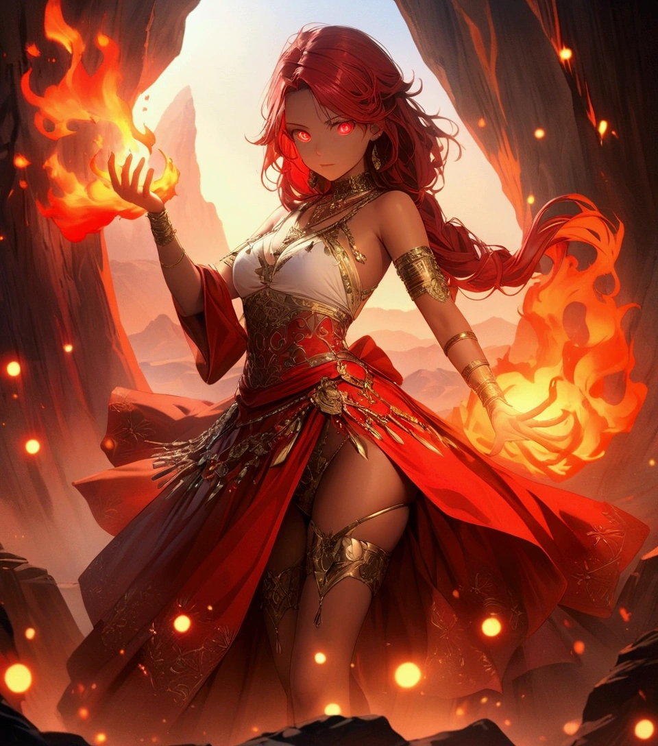 Female (mage, age of 30, long hair, red hair, floating hair, fiery colored eyes, red and gold robes, tanned skin, intense face, glowing eyes) is casting a spell), (flames are swirling around), beautiful volcanic landscape, molten lava flowing, summery hot air shimmering, (embers floating in the air, creating a warm glow), the noonday sun in the sky, male is at a volcanic crater, BREAK, Quality (4k, wallpaper of extremely detailed CG unit, masterpiece, high resolution, top-quality, top-quality real texture skin, hyper-realistic, increase the resolution, RAW photos, best quality, highly detailed, the wallpaper, cinematic lighting, ray trace, golden ratio.), BREAK, Shot(Long shot, wide shot.)