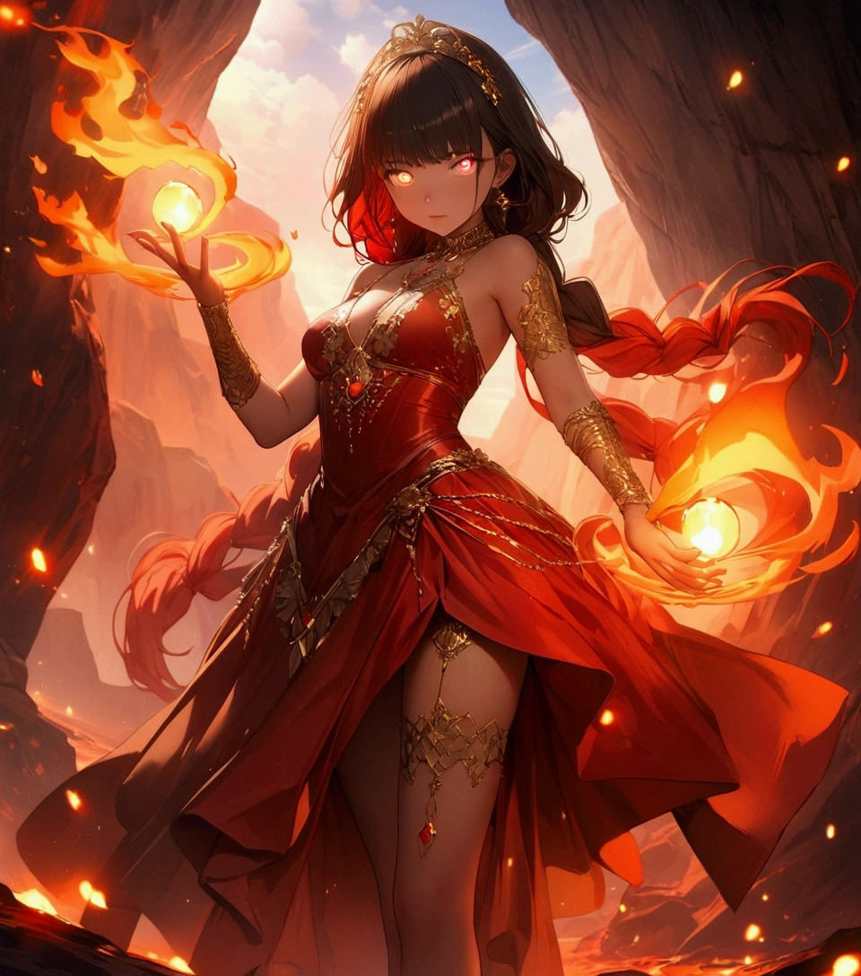 Female (mage, age of 30, long hair, red hair, floating hair, fiery colored eyes, red and gold robes, tanned skin, intense face, glowing eyes) is casting a spell), (flames are swirling around), beautiful volcanic landscape, molten lava flowing, summery hot air shimmering, (embers floating in the air, creating a warm glow), the noonday sun in the sky, male is at a volcanic crater, BREAK, Quality (4k, wallpaper of extremely detailed CG unit, masterpiece, high resolution, top-quality, top-quality real texture skin, hyper-realistic, increase the resolution, RAW photos, best quality, highly detailed, the wallpaper, cinematic lighting, ray trace, golden ratio.), BREAK, Shot(Long shot, wide shot.)