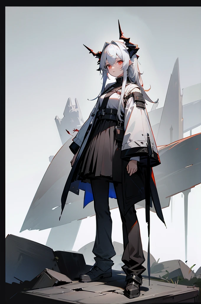 Arknights Characters,Sarkaz,Long black horns on the head,Arknights style,Latter-day rough soil,High-tech equipment,Source stone装备,Source stone,Tall girl,a battle man,Look solemn,角色Standing picture,Standing picture,detail,人物Standing picture,whole body,Standing picture,detail,Face clarity,Combat attire,Tall and tall,Royal sister,Black hair,White highlights,Black and white hair