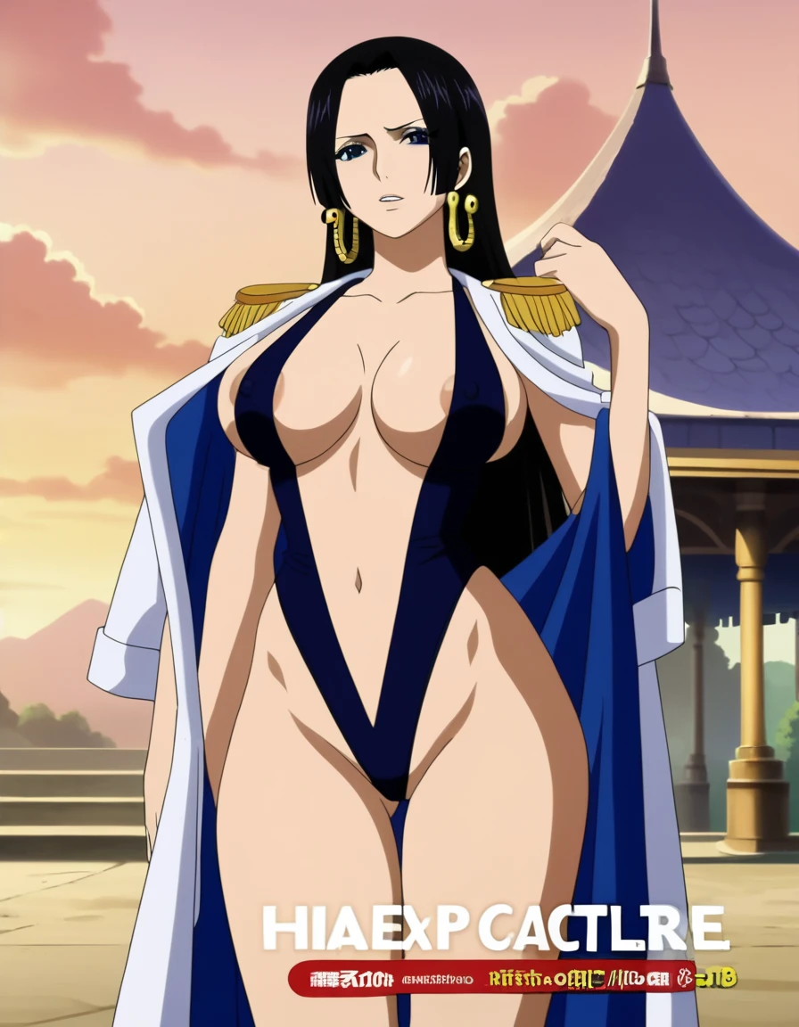 score_9, score_8_up, score_7_up, source_anime,masterpiece,best quality,highres,absurdres,official art,official style,source_anime,anime screencap,anime coloring,megami magazine,anime,animated,explicit,boa_hancock,long hair, black hair, earrings, large breasts, ,((areola slip)), ((Areola)),((nipple)), long hair, looking at viewer, (((Laege breasts))), navel, o-ring, Standing, (White Seethrough swimsuit:1.3), ((focus on pussy)), from pussy
