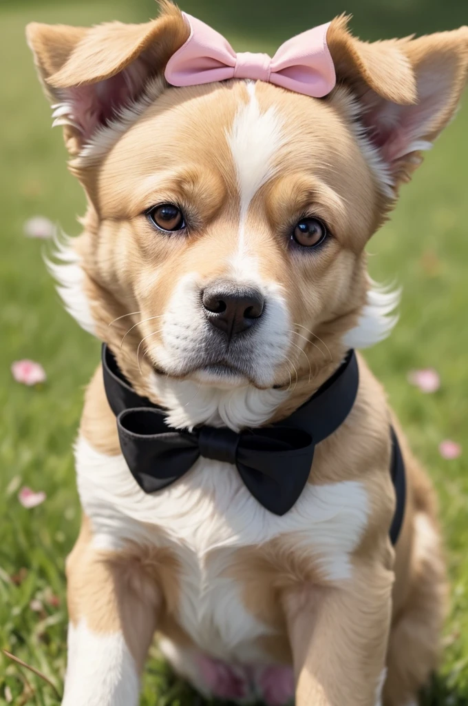 only the face Yorkshire mix dog with mixed breed in beige color with black ear tips, droopy ears, with black eyes, longer and ruffled hair, wearing a pink bow