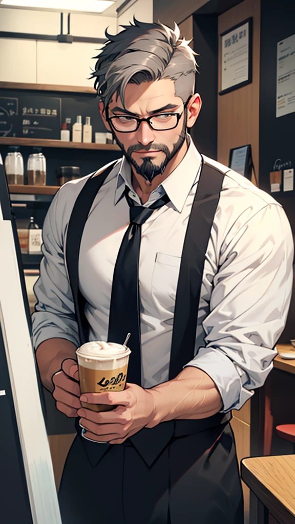 Gray short hair、Glasses、Beard、One person、Master、Cafe、One personでコーヒーを入れる、Best、shirt、tie、One personの男