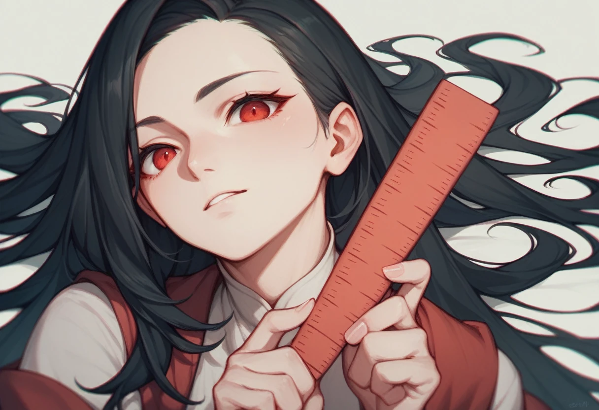 16 year old girl measuring 177cm black hair with long hair and sharp red eyes and bad character playing 
