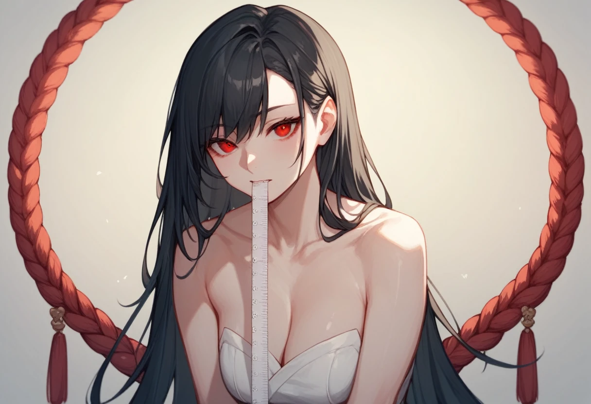16 year old girl measuring 177cm black hair with long hair and sharp red eyes and bad character playing