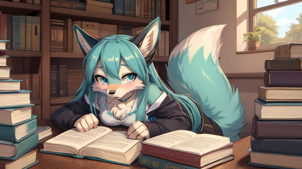 Hatsune miku aquamarine skin, fox face elongated snoutMasterpiece High quality High resolution、Anna Tanaka , broad, Sit with your knees bent、Eight-headed body、beauty legs 、At a school, visible vagina, creamed,As if looking up from below、embarrassed add_detail:1, very very horny teenager, horny expression face add_detail, bitch in heat, on a desk with a book between his legs, lying on a desk full of books add_detail 