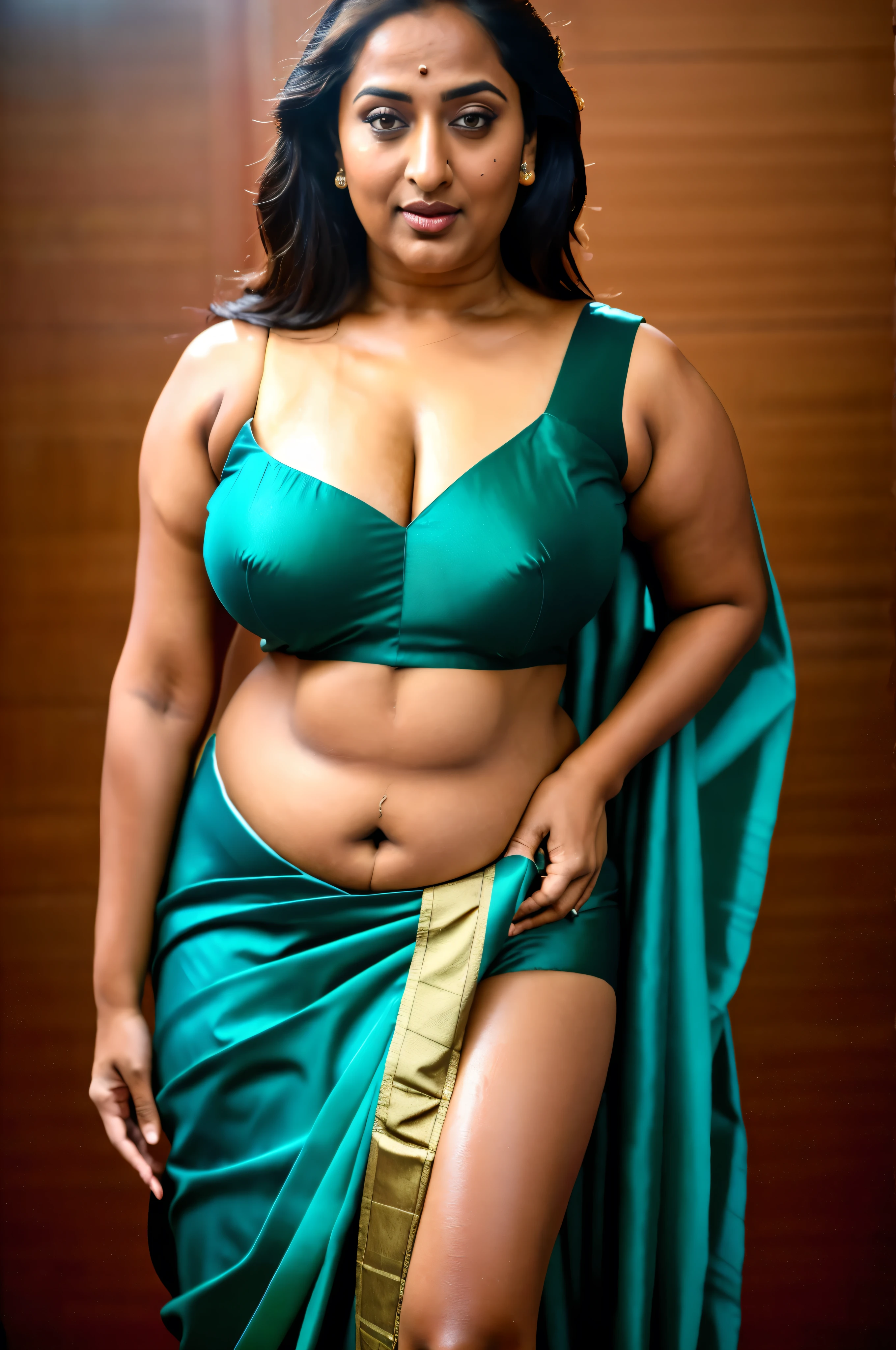 Realistic Representation of Savita bhabhi, tempting figure, busty aunty, goddess of lust, cougar lady, mommy, mommy figure, bulky figure, big milkers, doodhwali, sizzling hot, lonely Nextdoor aunty bhabhi , chubby aunty, sweat , sweaty body makes her irresistibly hot, inspired by famous Indian adult comics by amarshrostha, Foto RAW, photorealistic, photography, full body shot, 50 years old Woman, master shot, perfect eyes, goddess like beauty, pierced eyes, perfect thick chubby mallu Desi aunty bhabhi, Wearing a Stanapatta, a chest-band.Saree model, model Photography, Indian saree shoot, Indian traditional wear advertising photography, traditional wear brand shoot, face of Indian actress Sonakshi Sinha, masterpiece, realistic, realism, incredible details, pleasure, photorealism, detailed skin, skin pores, high contrast, photorealistic Artstation 8k HD digital art trend of high definition and detailed realistic skin texture, ultra detail, realistic skin texture, armature, best quality, ultra high definition, (photorealistic:1.4),, high resolution, detail, raw photo, sweat, Re sharp, by Lee Jefferies Nikon D850 Film Stock Photo 4 Kodak Portra 400 Camera F1.6 Lens Rich Color Ultra Real Realistic Realistic Textures Dramatic Lighting Unreal Engine Trending at Art Station Cinestill 800,(pele altamente detalhada: 1.2), 8k UHD, DSLR, soft-lighting, alta qualidade, grain of film, Fujifilm XT3,she didn't like to wear blouse or bra, she is happy to wear only saree, she hates blouse or bra, detailed hairy armpits, hyper realistic skin, skin pores, veins, wet body, hyper realistic sweaty body, sweat, veins, short hairs on armpit, stubble armpits, hyper realistic hairy armpits, low waist saree, deep juicy navel,